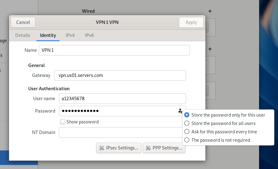 VPN identity settings showing the gateway, user name, password, and IPsec Settings button