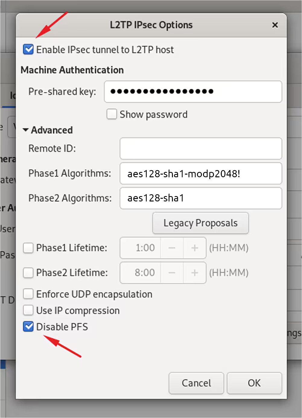 L2TP IPsec settings showing the pre-shared key, Phase 1 and Phase 2 algorithms, and Disable PFS option