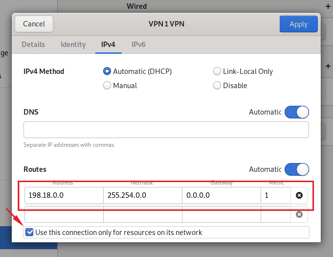 IPv4 settings showing the route to the 198.18.0.0/15 network and the option to use the VPN connection only for its network