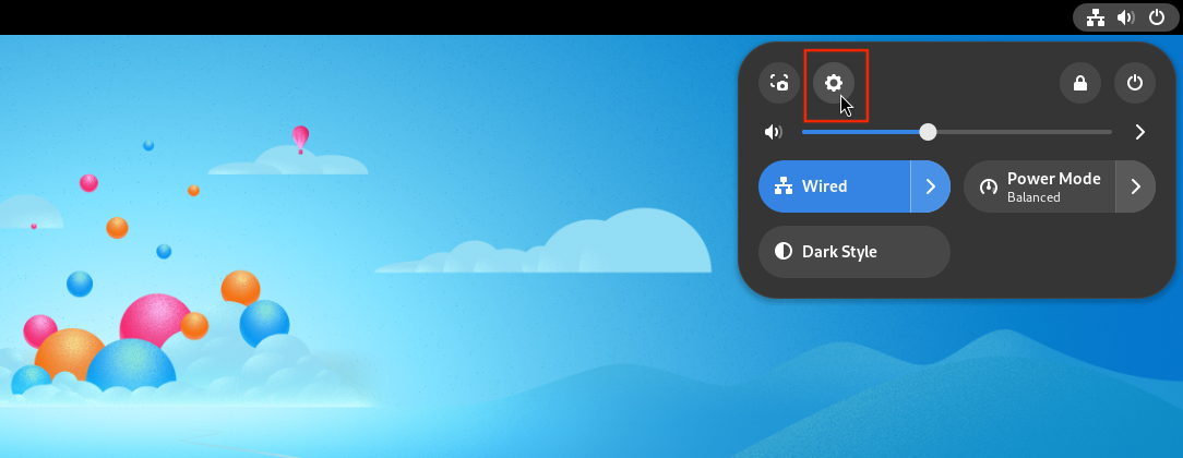 System menu showing the Settings button