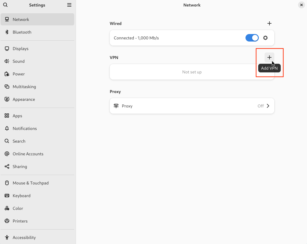 Network settings showing the VPN section and the Add VPN button