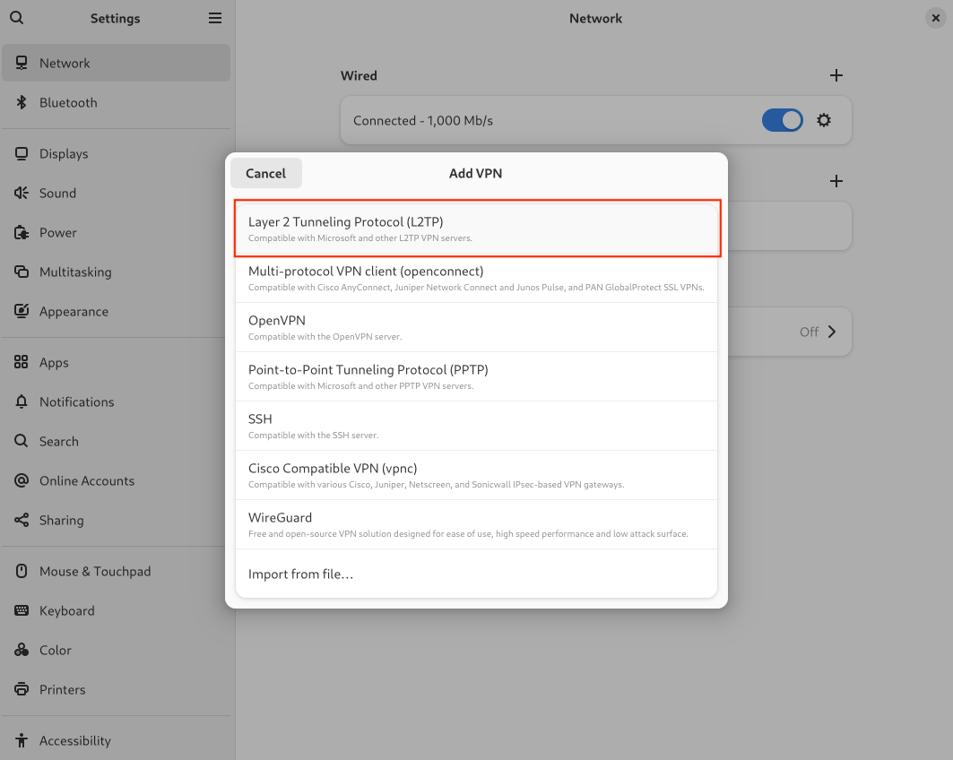Add VPN dialog showing Layer 2 Tunneling Protocol (L2TP) selected