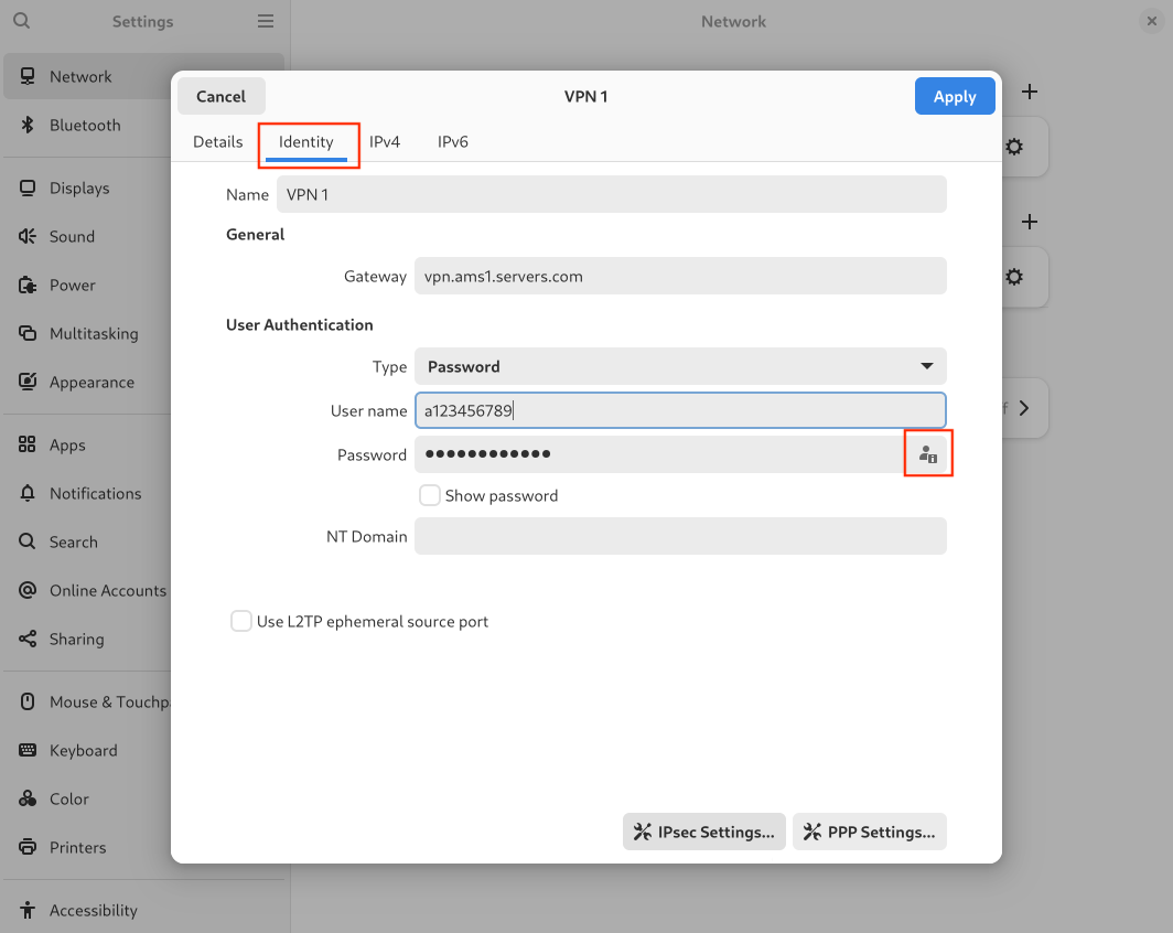 VPN identity settings showing the gateway, user name, password, and IPsec Settings button