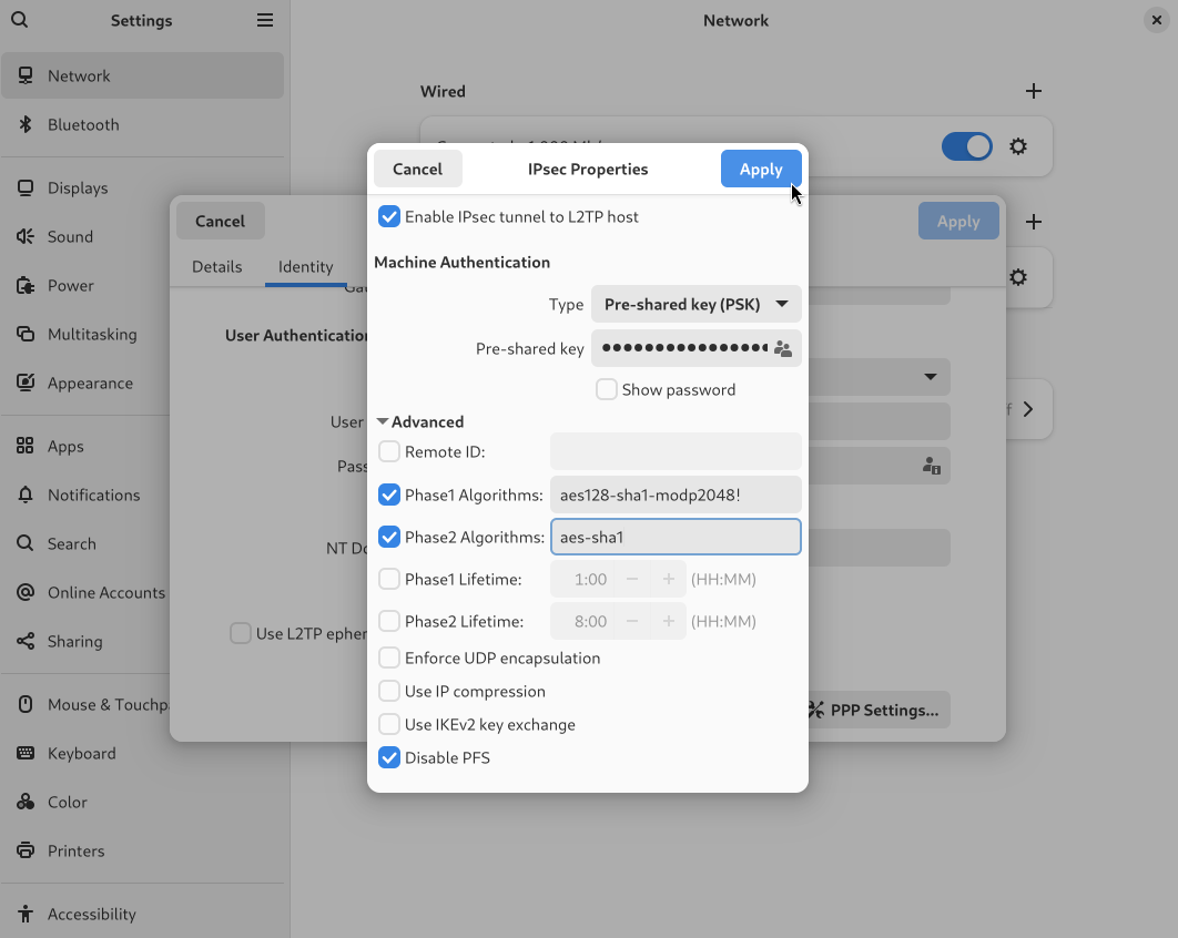 Advanced IPsec settings showing the Phase 1 and Phase 2 algorithms and the Disable PFS option