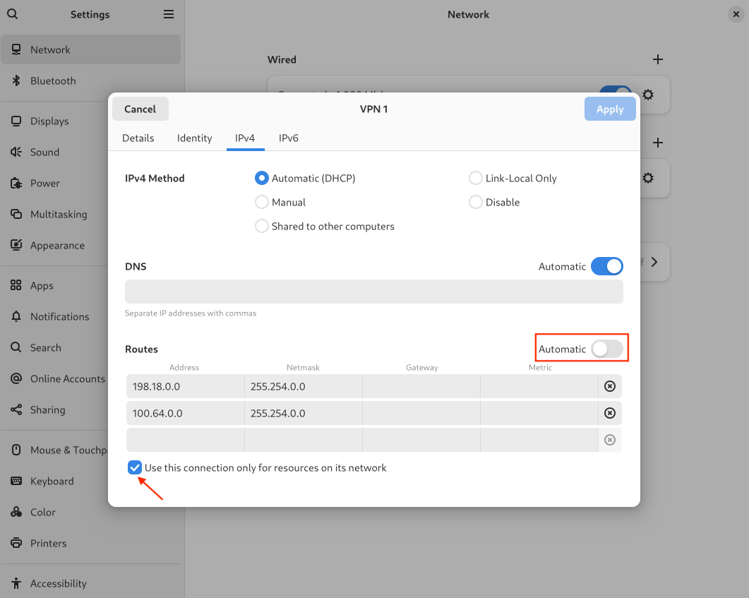 IPv4 settings showing static routes and the option to use the VPN connection only for resources on its network