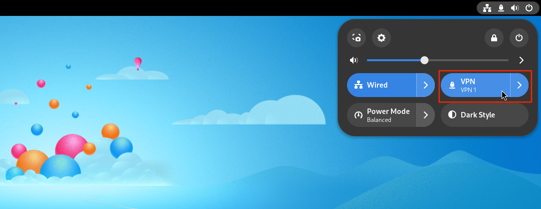 Quick Settings menu showing the configured VPN connection