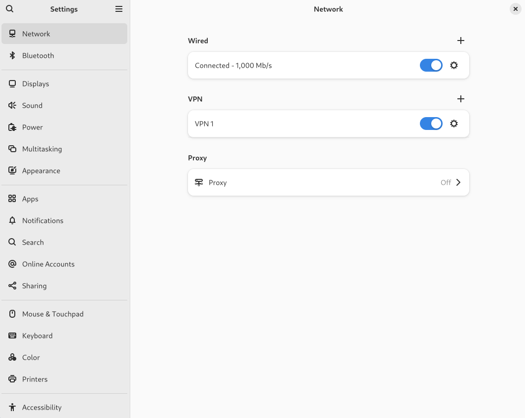 Network settings showing the configured VPN connection enabled