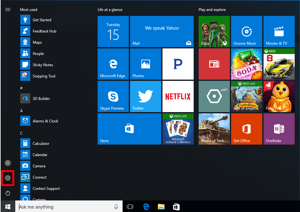 Open the Start menu and click the Settings icon