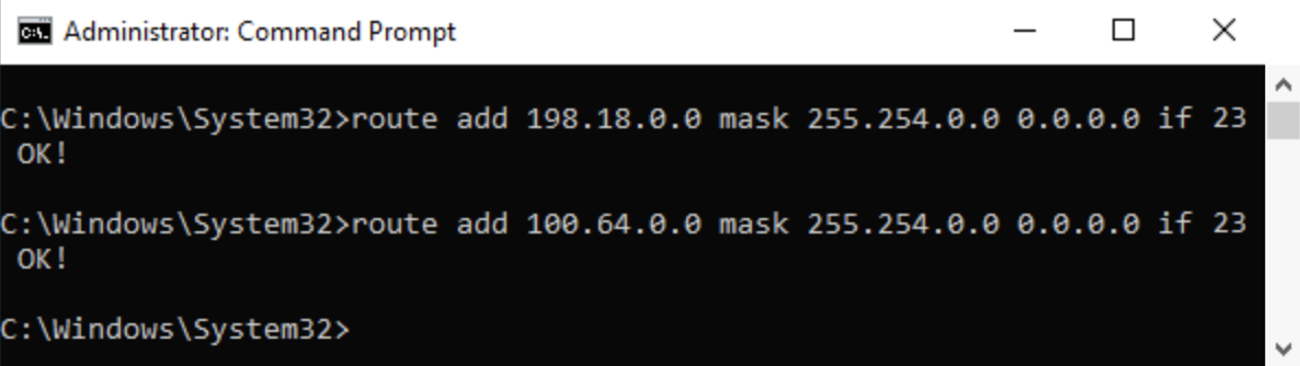 Add static routes for the VPN connection using the route add command