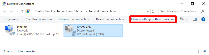 In the Network Connections window, right-click the VPN connection and select Change settings of this connection