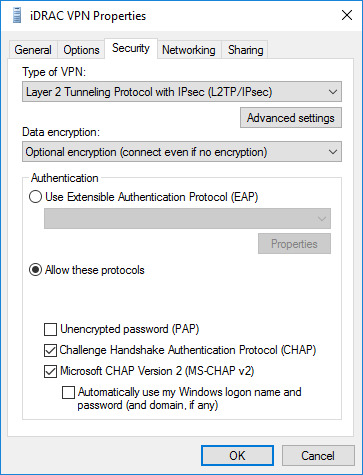 On the Security tab, select Layer 2 Tunneling Protocol with IPsec (L2TP/IPsec), choose Allow these protocols, enable CHAP and MS-CHAP v2, then click Advanced settings