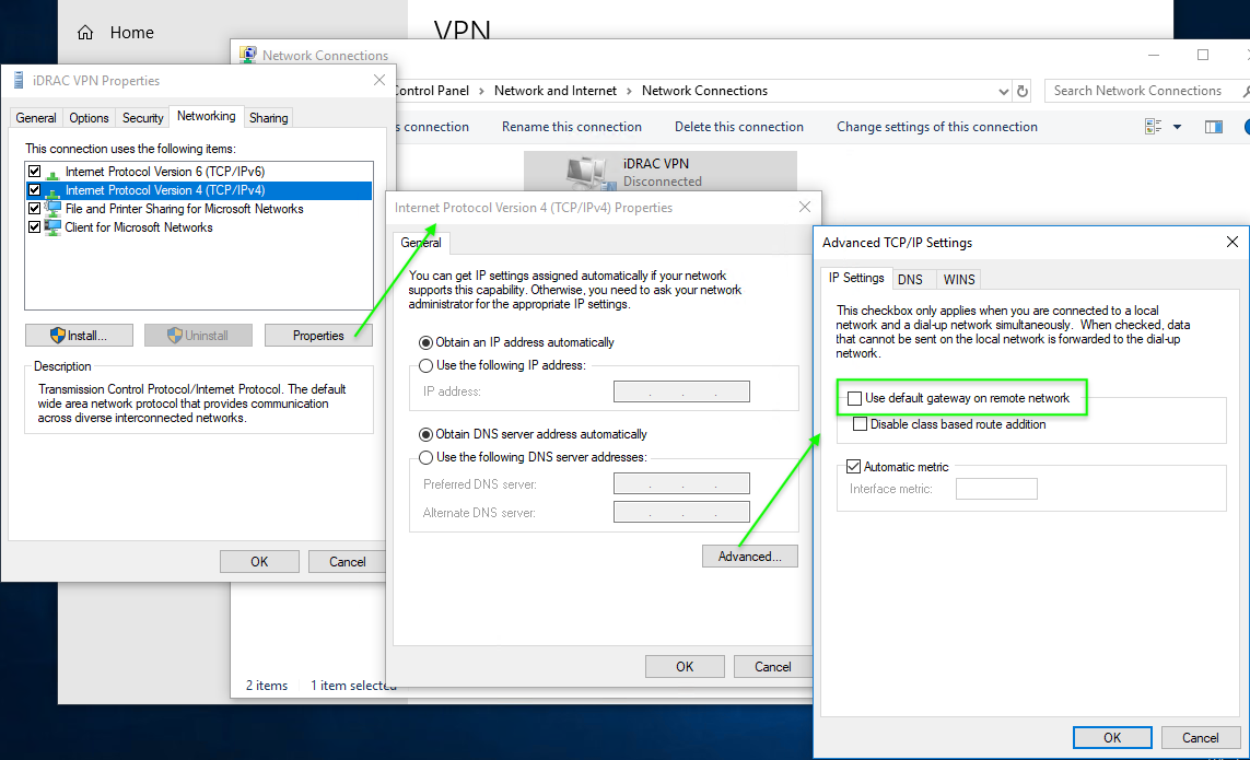 In the Internet Protocol Version 4 (TCP/IPv4) properties, click Advanced and clear the Use default gateway on remote network checkbox