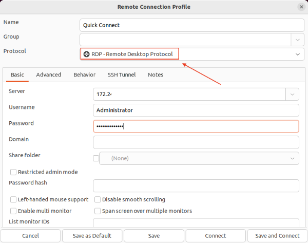 Select RDP protocol