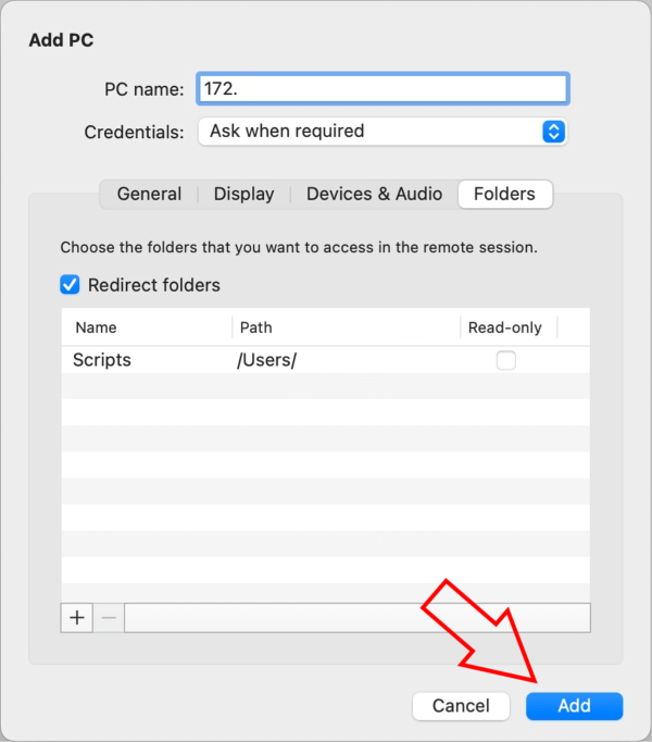 Click Add to confirm folder selection