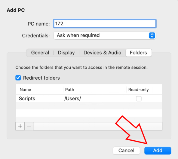 Click Add to confirm folder selection