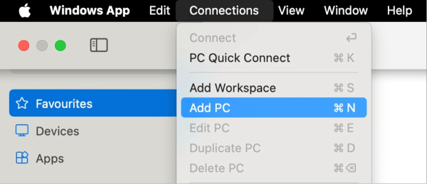 Add PC in Windows App on macOS