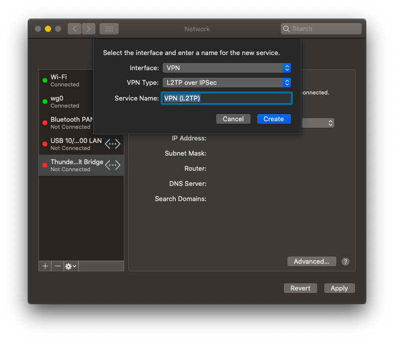 New VPN service dialog with L2TP over IPSec selected