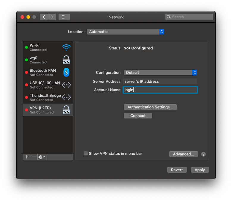VPN connection settings with Server Address field