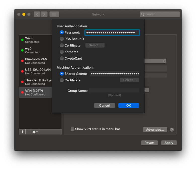 Authentication Settings with Password and Shared Secret fields
