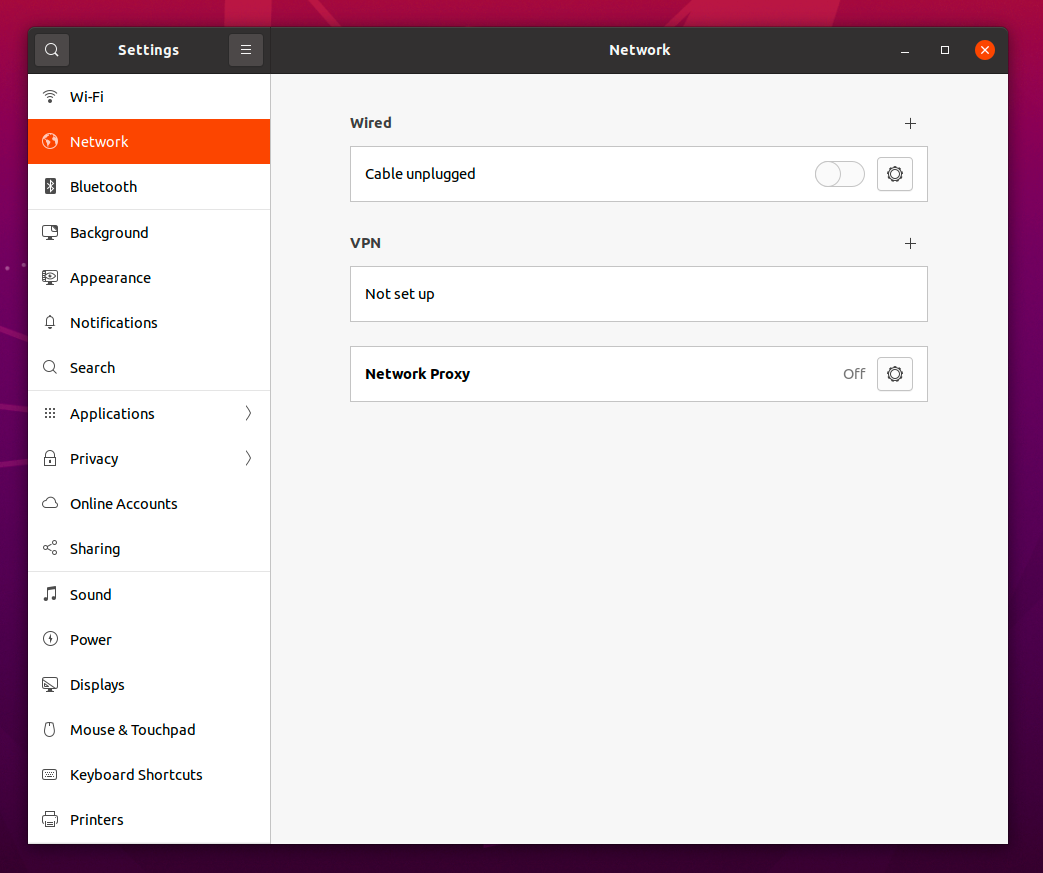 Network settings with VPN section and + button