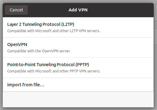VPN type selection dialog with L2TP option