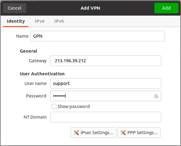 L2TP VPN connection form with gateway and credentials