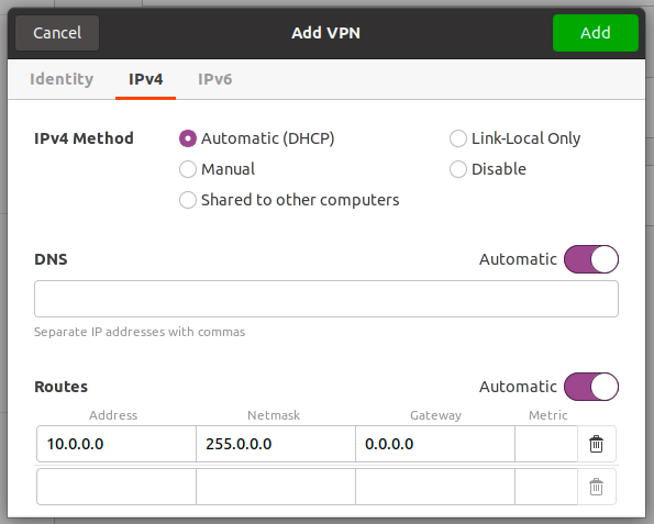 IPv4 routes configuration with 10.0.0.0/8 route