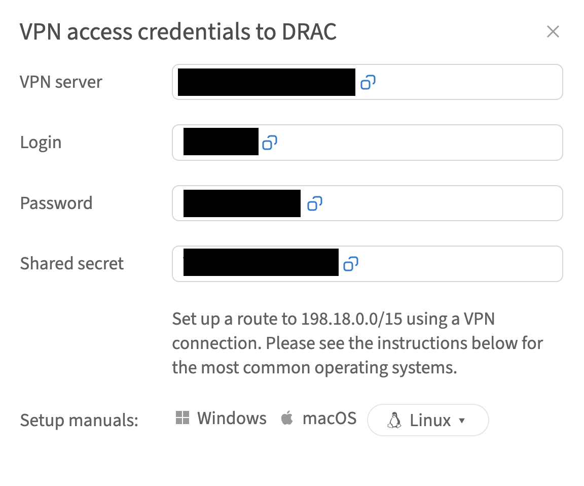 VPN access credentials dialog showing the VPN server, login, password, and shared secret