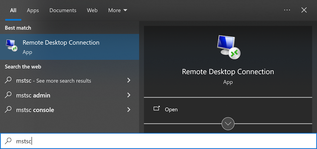 Open Start and type mstsc