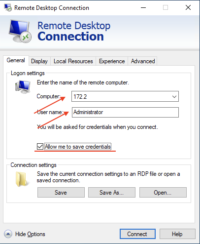 Remote Desktop Connection settings