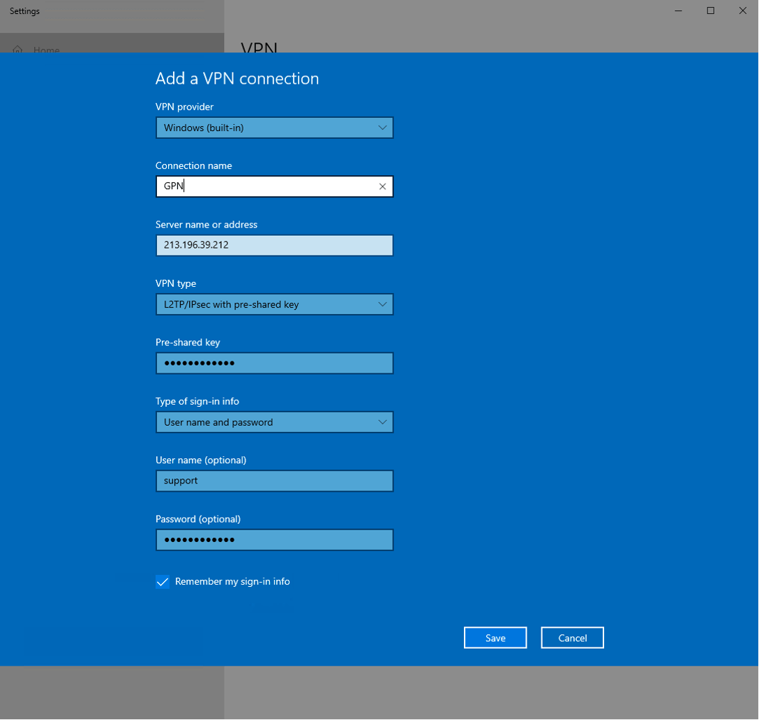 Add a VPN connection form filled in