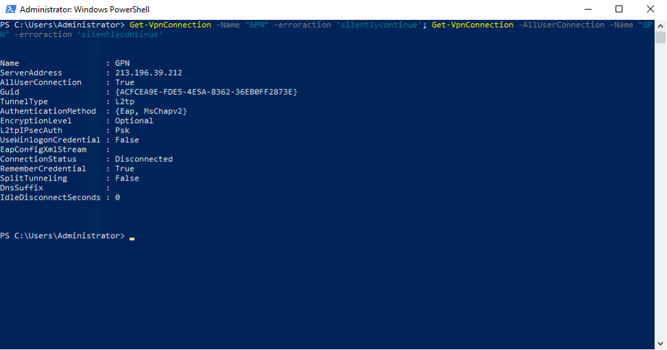 PowerShell showing VPN connection properties