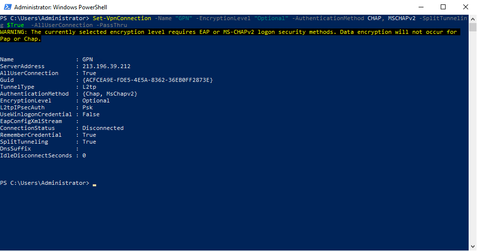PowerShell output confirming VPN parameters were set